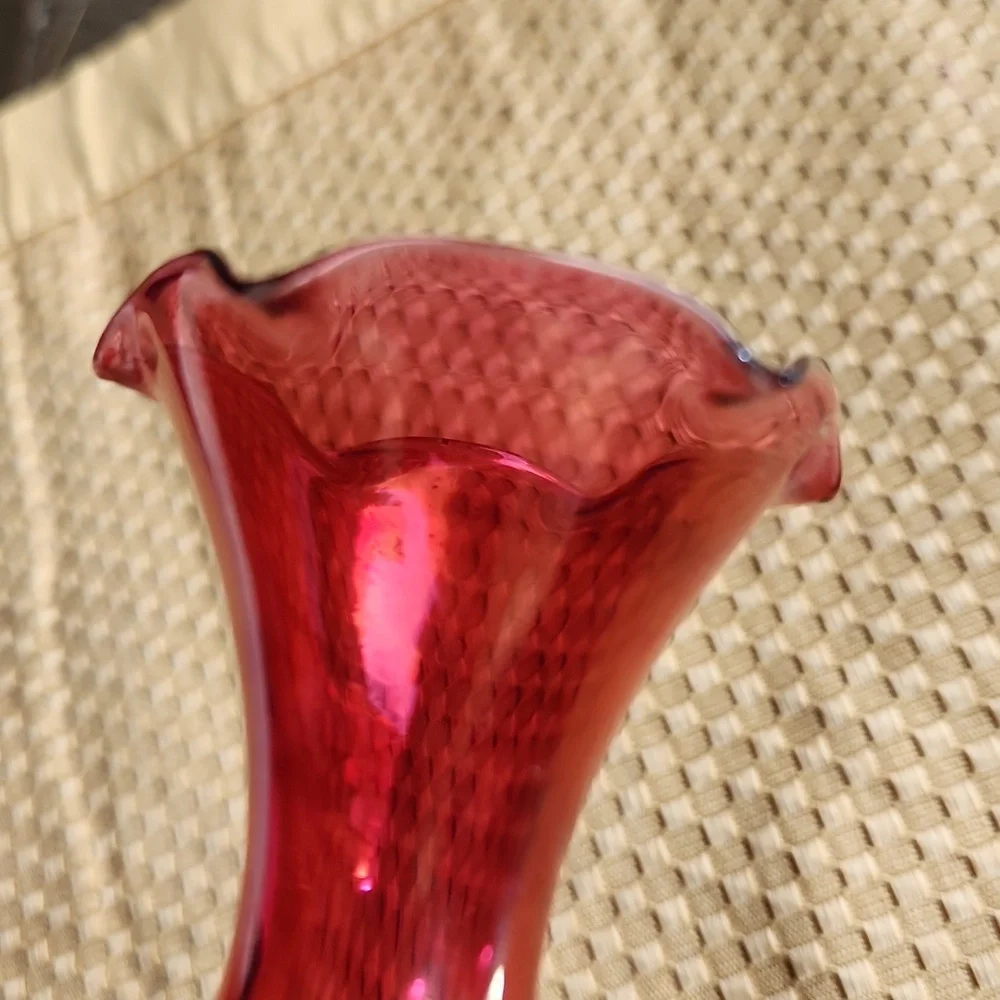 Cranberry Etched Glass Vase Mid Century Modern Fragile Collectible